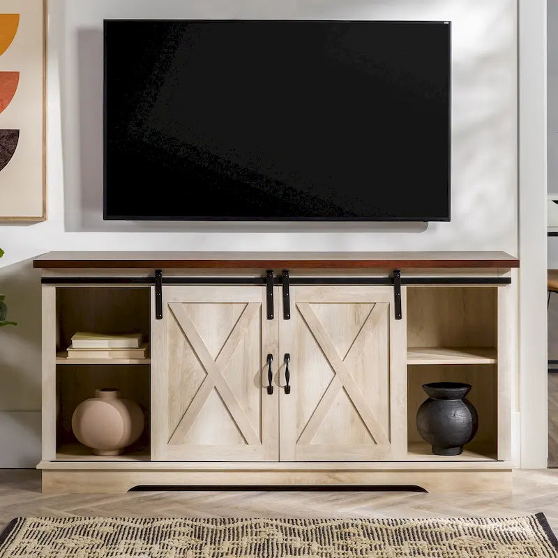 58" Farmhouse TV Stand with Sliding Barn Doors & Adjustable Shelves