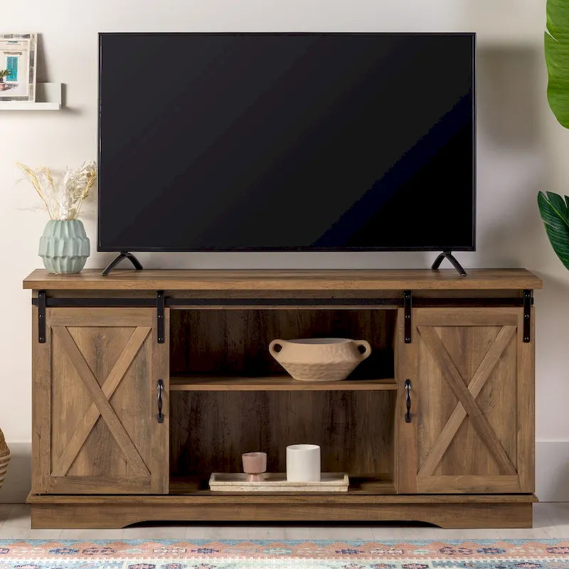 58" Farmhouse TV Stand with Sliding Barn Doors & Adjustable Shelves