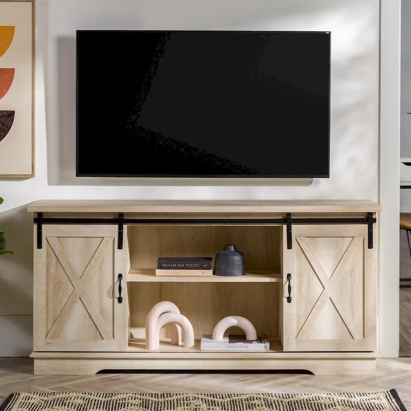58" Farmhouse TV Stand with Sliding Barn Doors & Adjustable Shelves