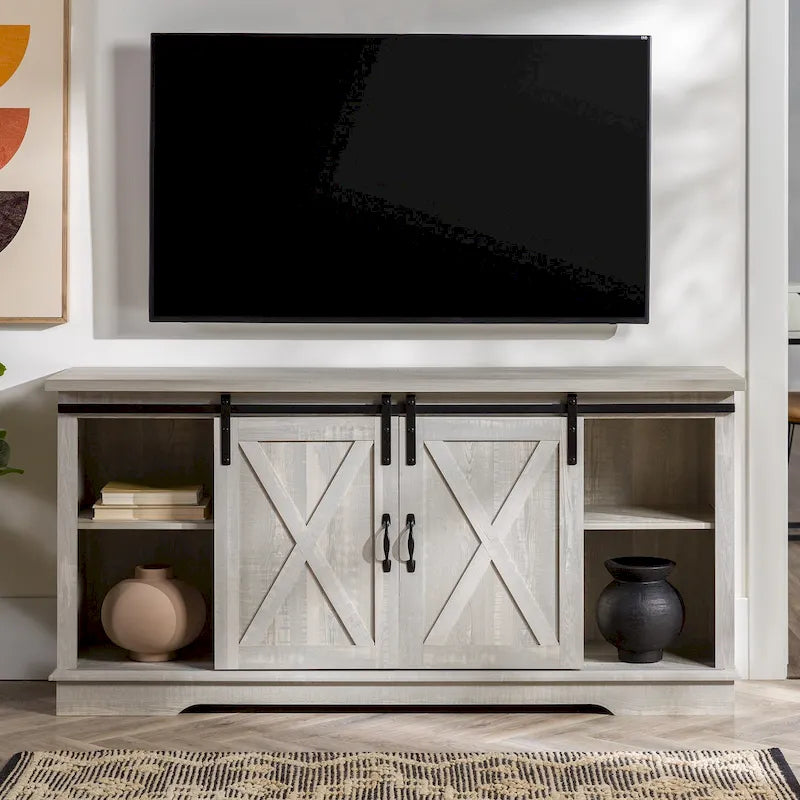 58" Farmhouse TV Stand with Sliding Barn Doors & Adjustable Shelves