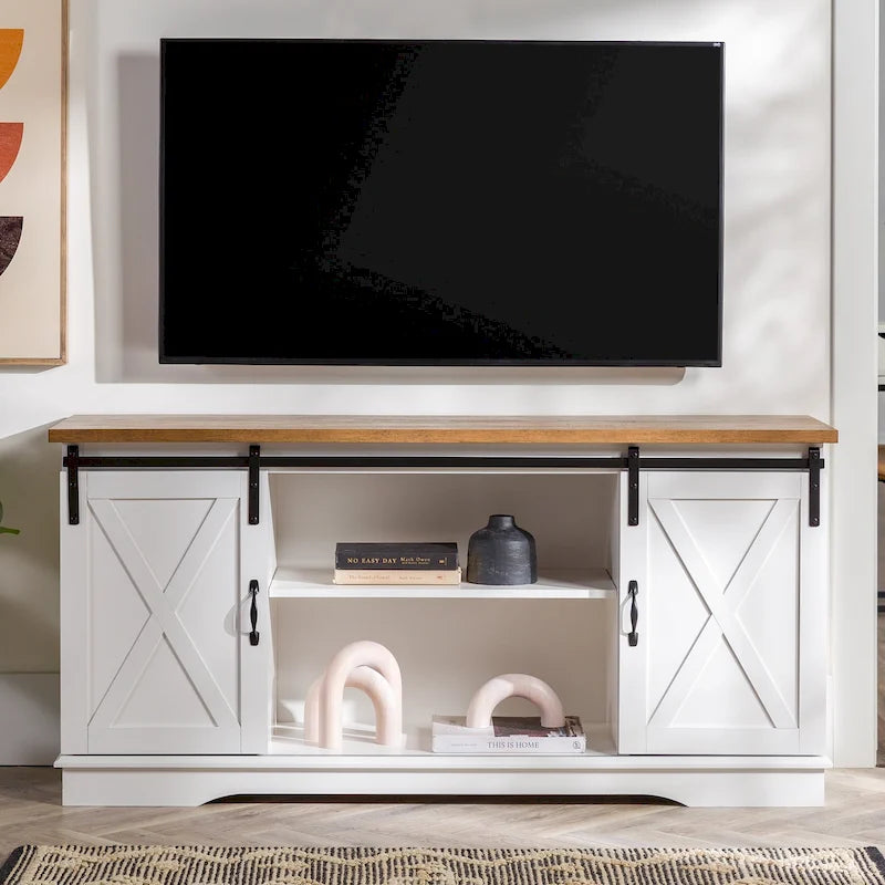 58" Farmhouse TV Stand with Sliding Barn Doors & Adjustable Shelves