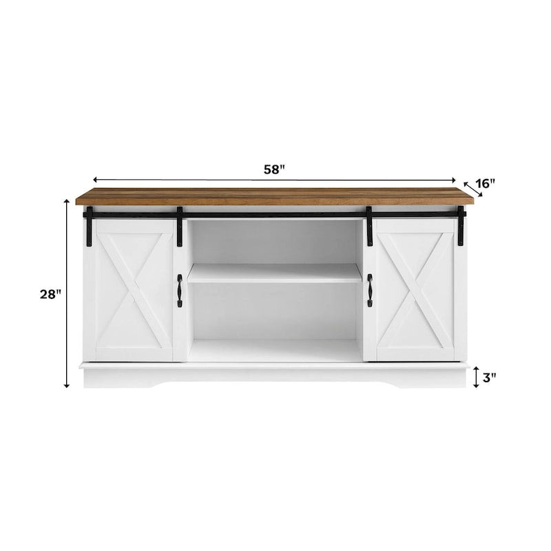 58" Farmhouse TV Stand with Sliding Barn Doors & Adjustable Shelves