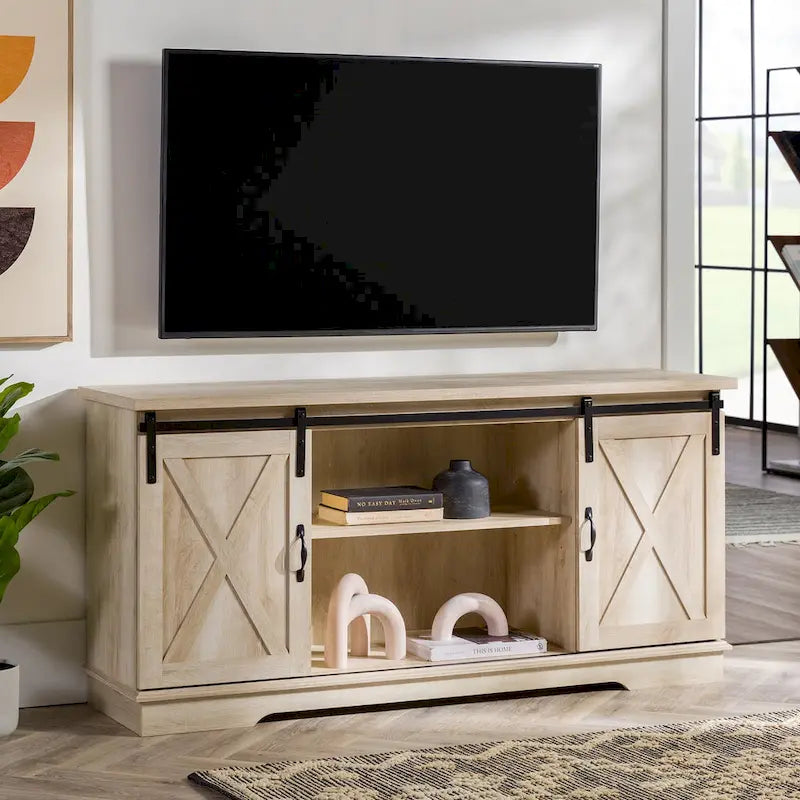 58" Farmhouse TV Stand with Sliding Barn Doors & Adjustable Shelves