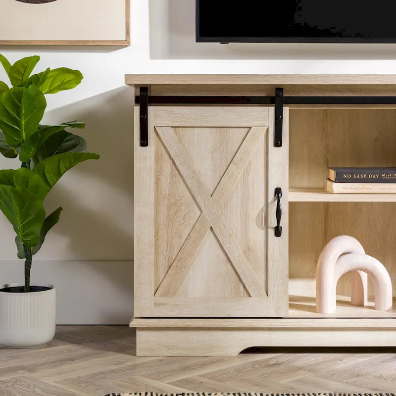 58" Farmhouse TV Stand with Sliding Barn Doors & Adjustable Shelves