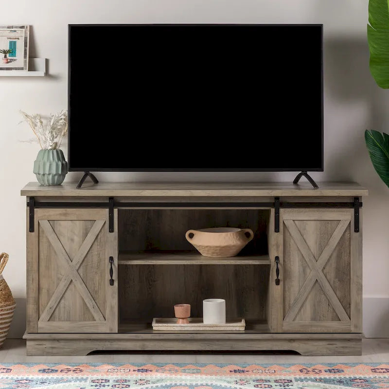 58" Farmhouse TV Stand with Sliding Barn Doors & Adjustable Shelves