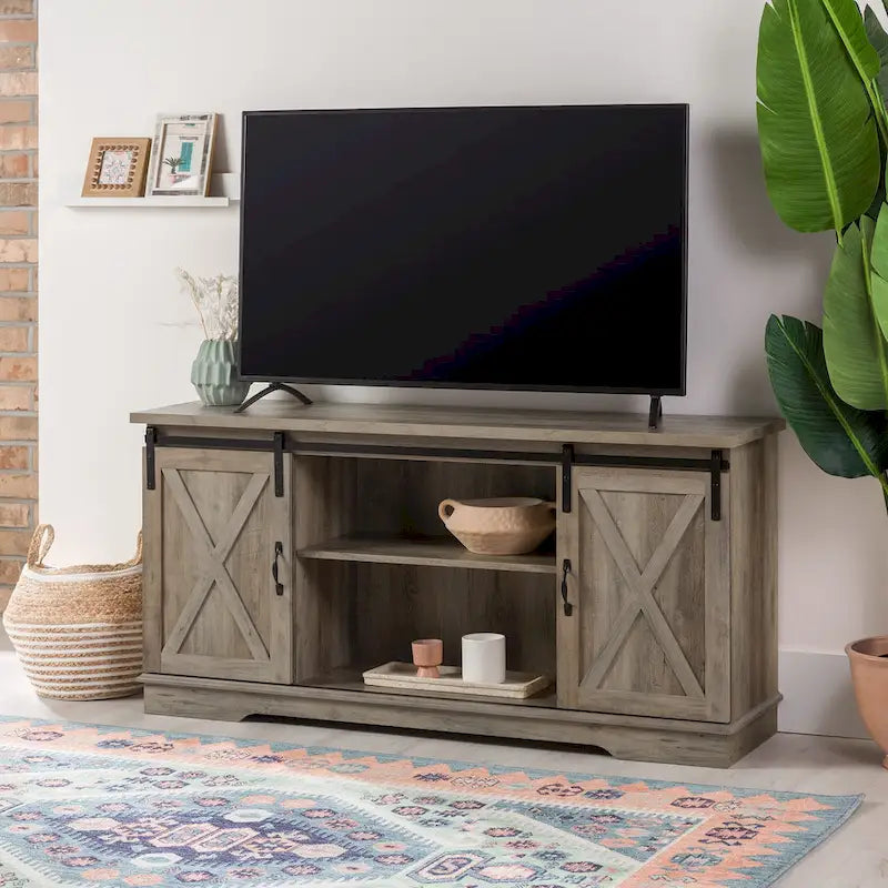 58" Farmhouse TV Stand with Sliding Barn Doors & Adjustable Shelves