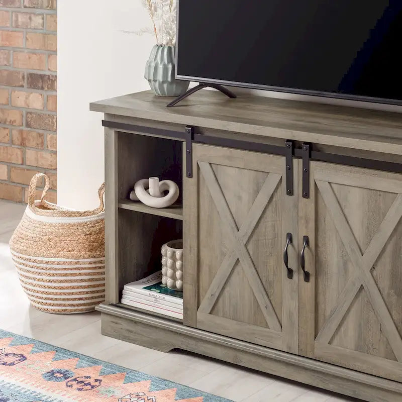 58" Farmhouse TV Stand with Sliding Barn Doors & Adjustable Shelves