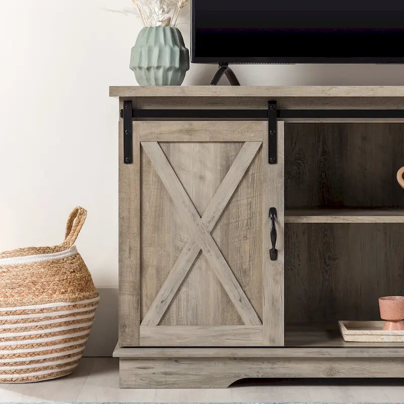 58" Farmhouse TV Stand with Sliding Barn Doors & Adjustable Shelves