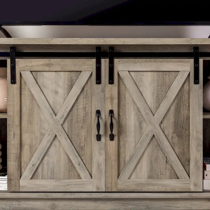 58" Farmhouse TV Stand with Sliding Barn Doors & Adjustable Shelves