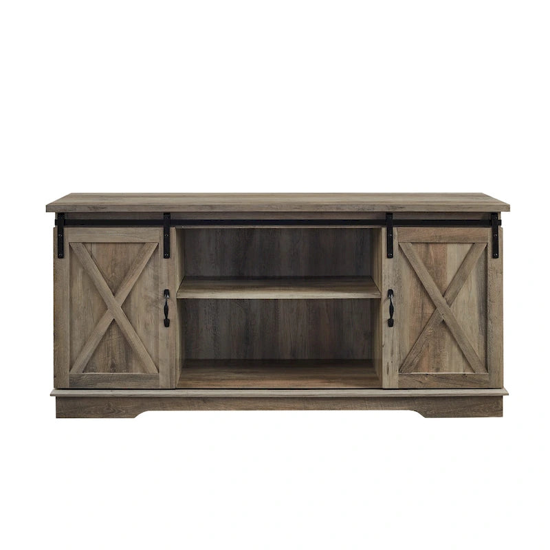 58" Farmhouse TV Stand with Sliding Barn Doors & Adjustable Shelves