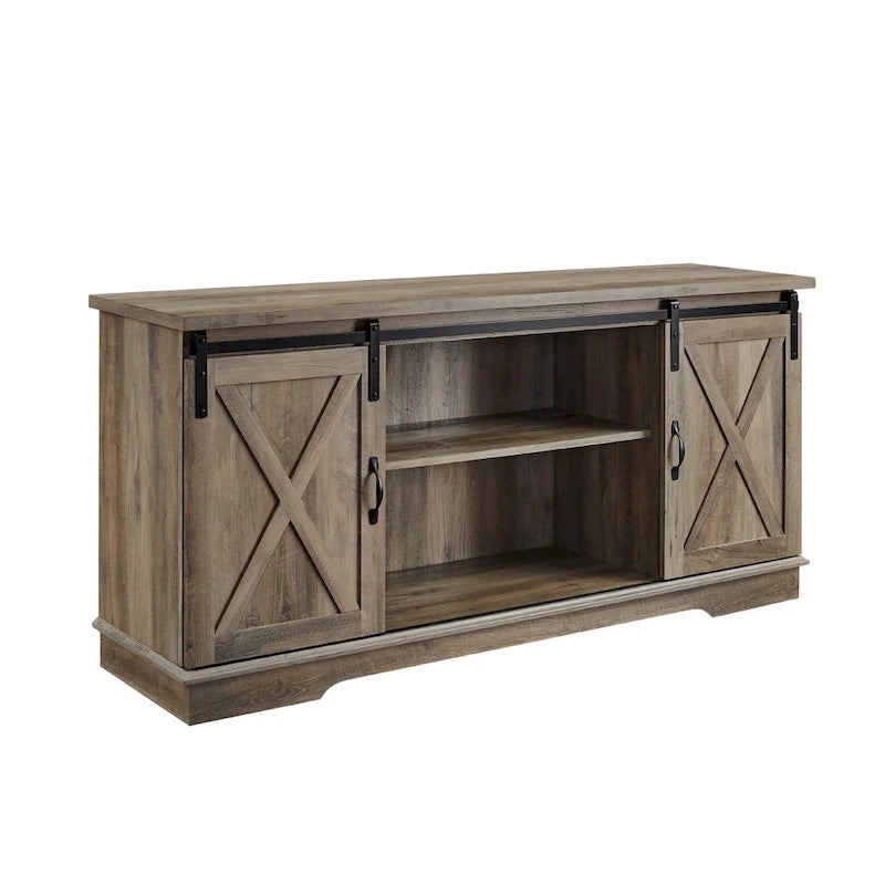 58" Farmhouse TV Stand with Sliding Barn Doors & Adjustable Shelves