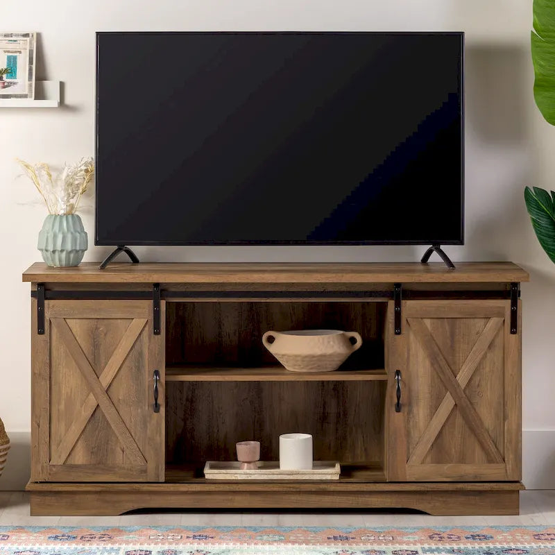 58" Farmhouse TV Stand with Sliding Barn Doors & Adjustable Shelves