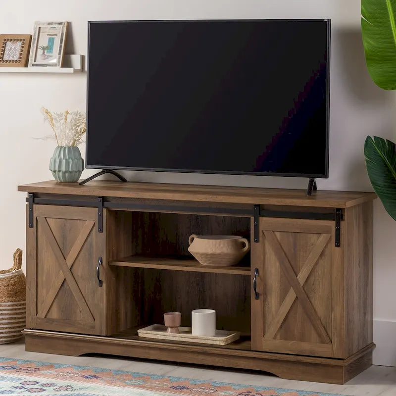 58" Farmhouse TV Stand with Sliding Barn Doors & Adjustable Shelves