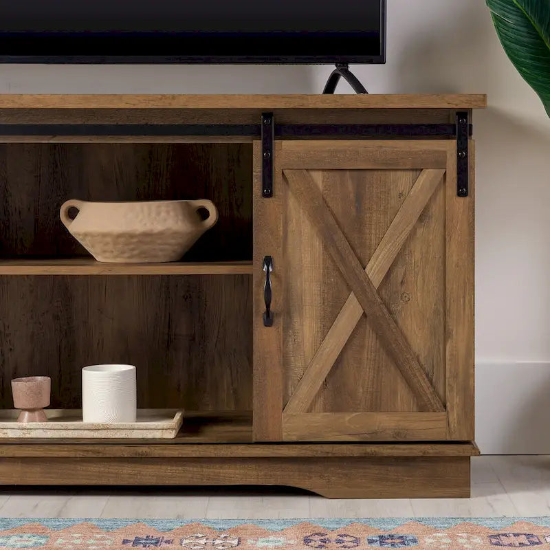 58" Farmhouse TV Stand with Sliding Barn Doors & Adjustable Shelves
