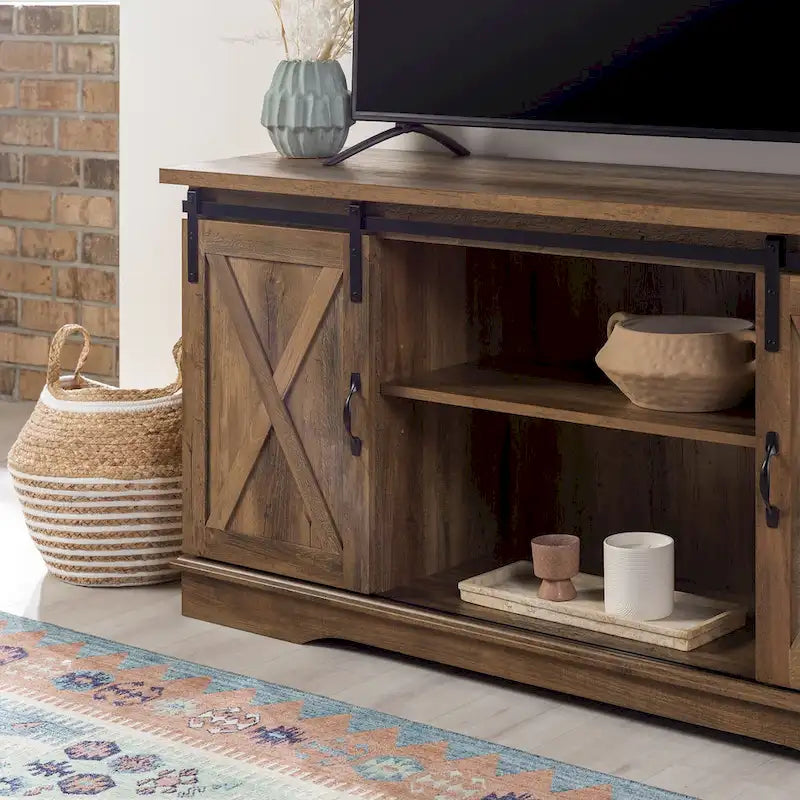 58" Farmhouse TV Stand with Sliding Barn Doors & Adjustable Shelves