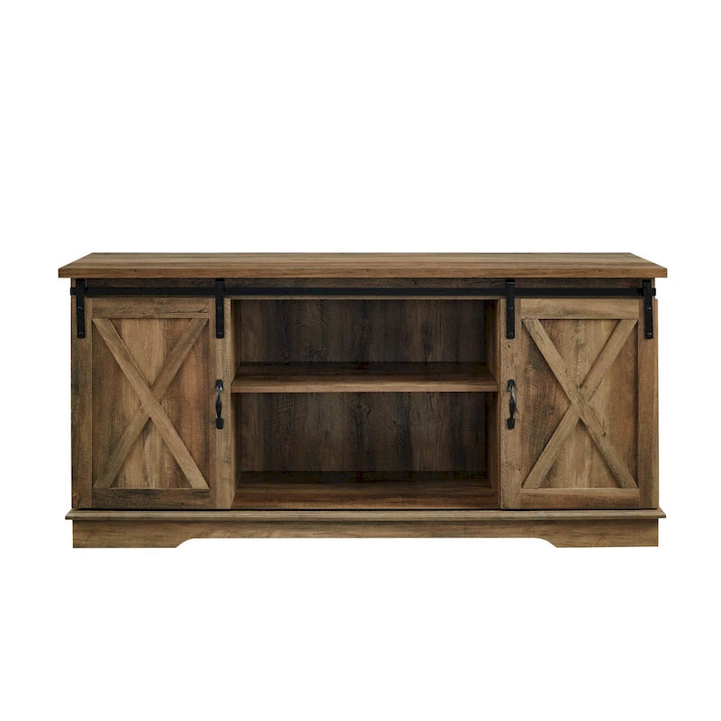 58" Farmhouse TV Stand with Sliding Barn Doors & Adjustable Shelves