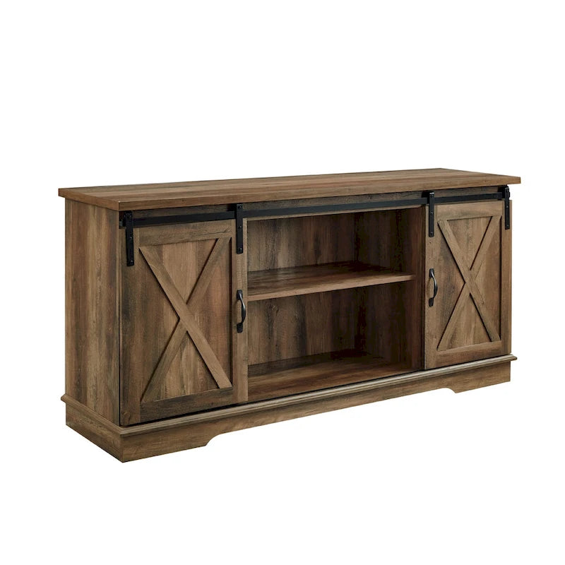 58" Farmhouse TV Stand with Sliding Barn Doors & Adjustable Shelves