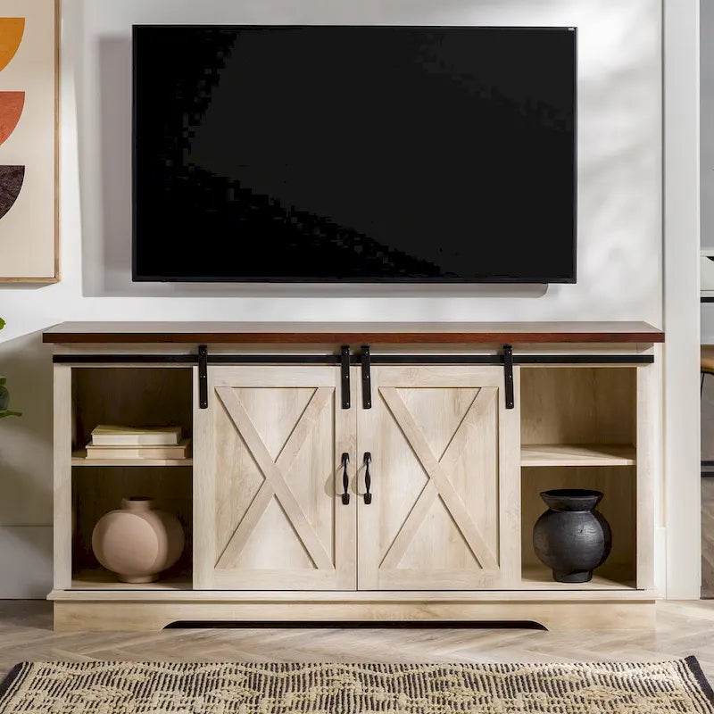 58" Farmhouse TV Stand with Sliding Barn Doors & Adjustable Shelves