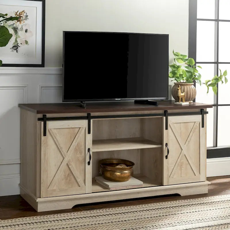 58" Farmhouse TV Stand with Sliding Barn Doors & Adjustable Shelves