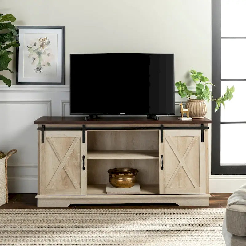 58" Farmhouse TV Stand with Sliding Barn Doors & Adjustable Shelves