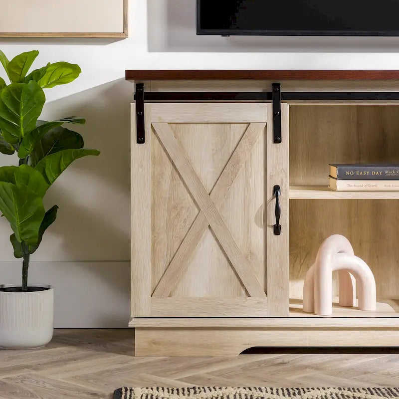 58" Farmhouse TV Stand with Sliding Barn Doors & Adjustable Shelves