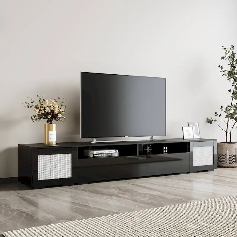 82.6" TV Stand with 16-Color LED Light, Rattan Decor & Push-Open Doors