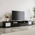 82.6" TV Stand with 16-Color LED Light, Rattan Decor & Push-Open Doors