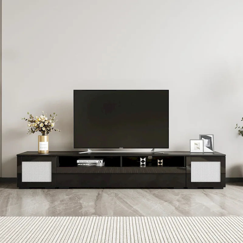82.6" TV Stand with 16-Color LED Light, Rattan Decor & Push-Open Doors