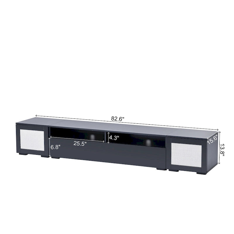 82.6" TV Stand with 16-Color LED Light, Rattan Decor & Push-Open Doors