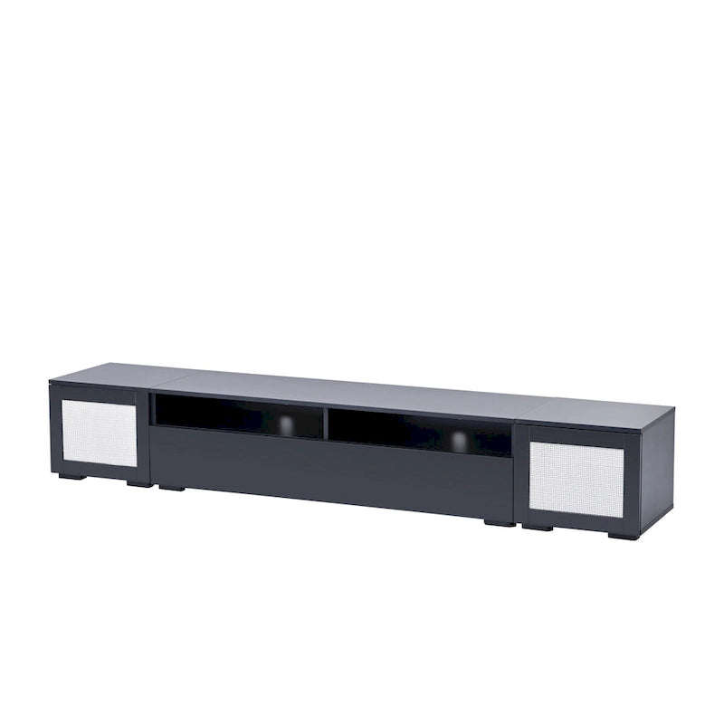 82.6" TV Stand with 16-Color LED Light, Rattan Decor & Push-Open Doors