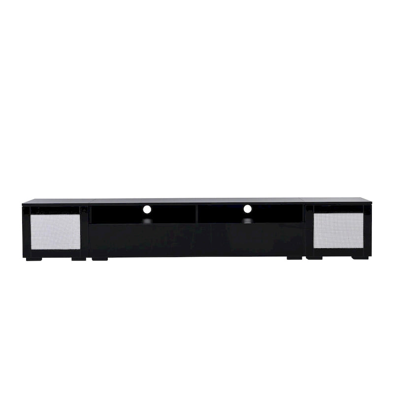 82.6" TV Stand with 16-Color LED Light, Rattan Decor & Push-Open Doors