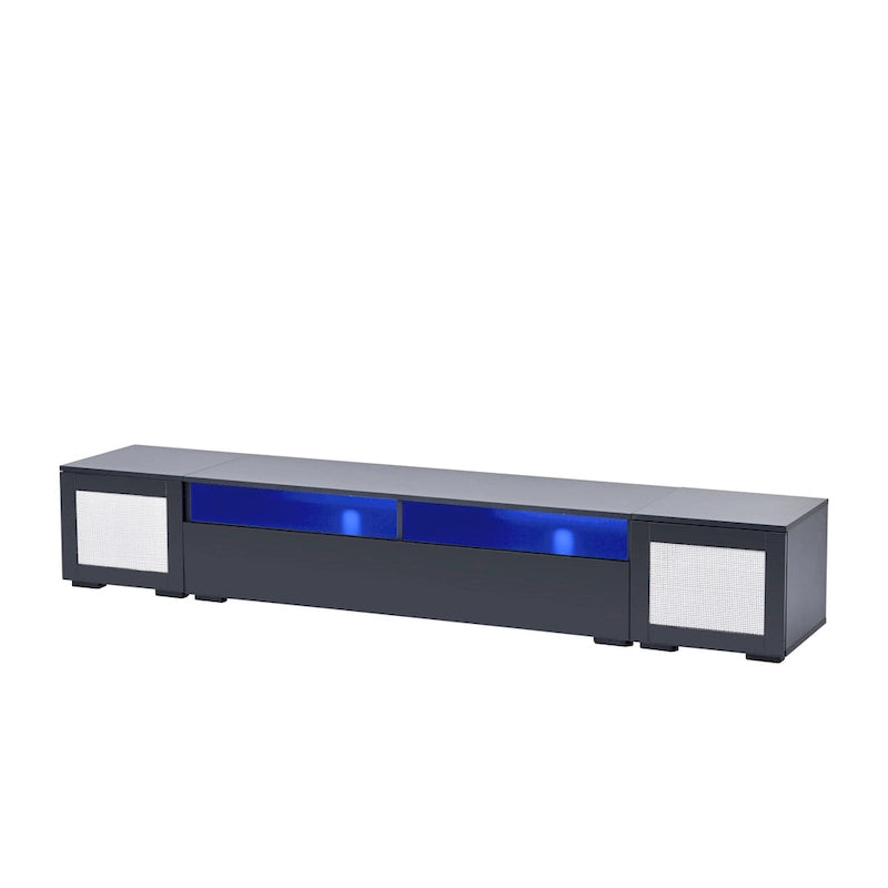 82.6" TV Stand with 16-Color LED Light, Rattan Decor & Push-Open Doors