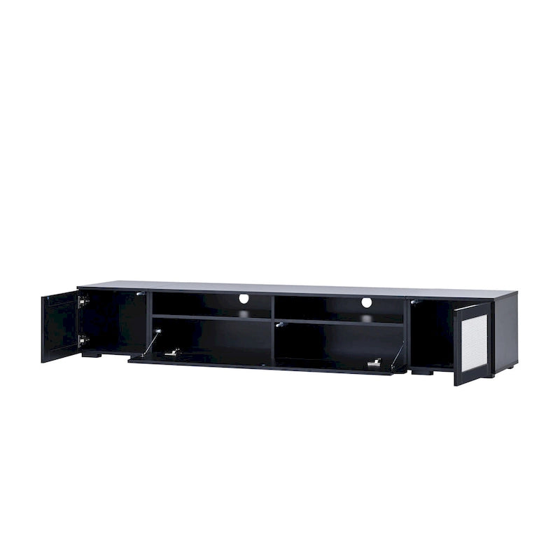 82.6" TV Stand with 16-Color LED Light, Rattan Decor & Push-Open Doors