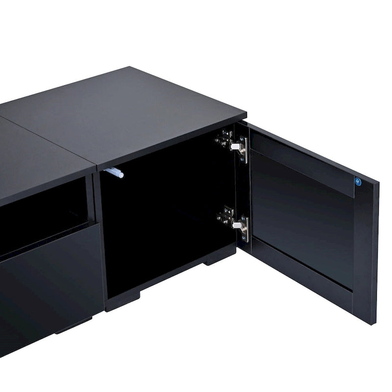 82.6" TV Stand with 16-Color LED Light, Rattan Decor & Push-Open Doors