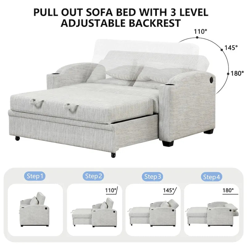 Convertible Loveseat Sofa Bed with USB Ports & Cup Holders