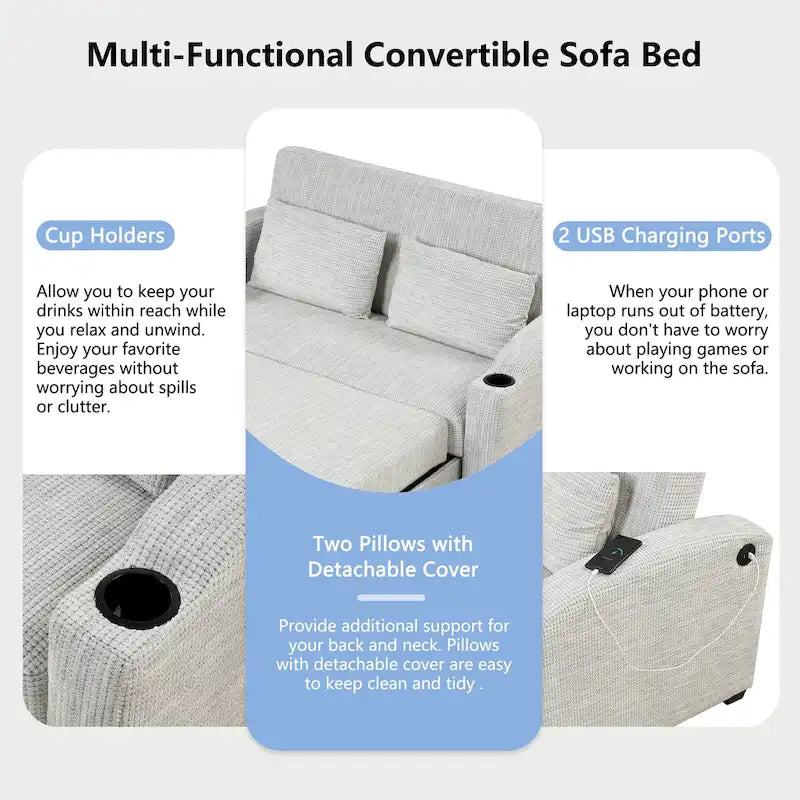 Convertible Loveseat Sofa Bed with USB Ports & Cup Holders