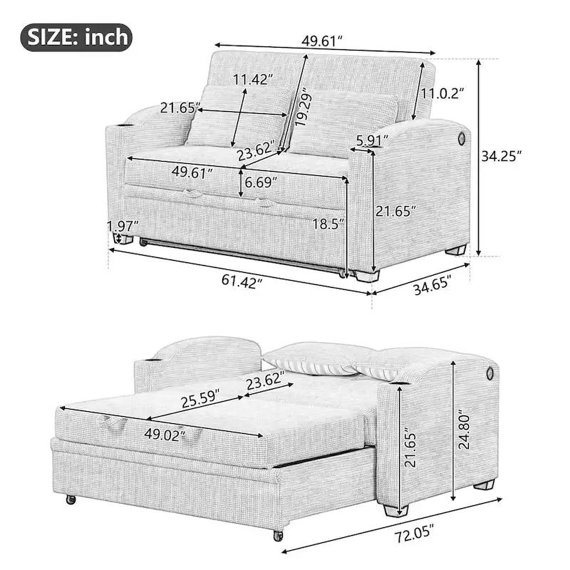 Convertible Loveseat Sofa Bed with USB Ports & Cup Holders