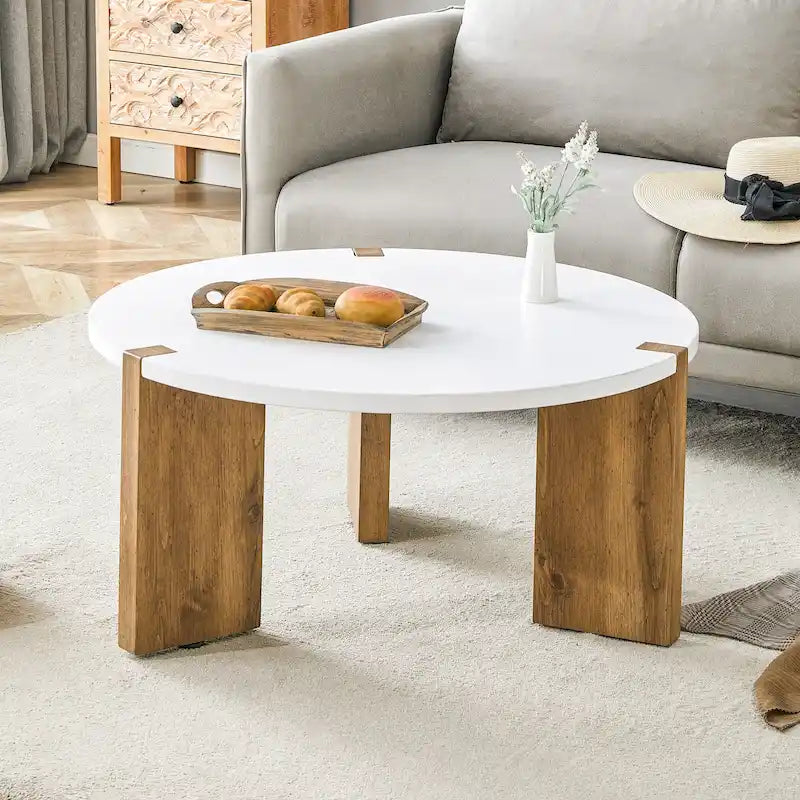 Round Minimalist Coffee Table with Wood-Textured Legs