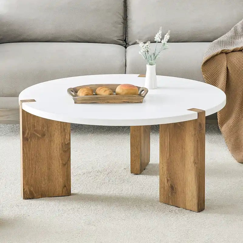 Round Minimalist Coffee Table with Wood-Textured Legs