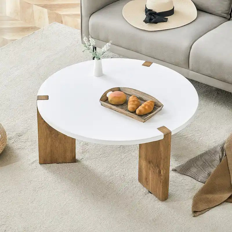 Round Minimalist Coffee Table with Wood-Textured Legs