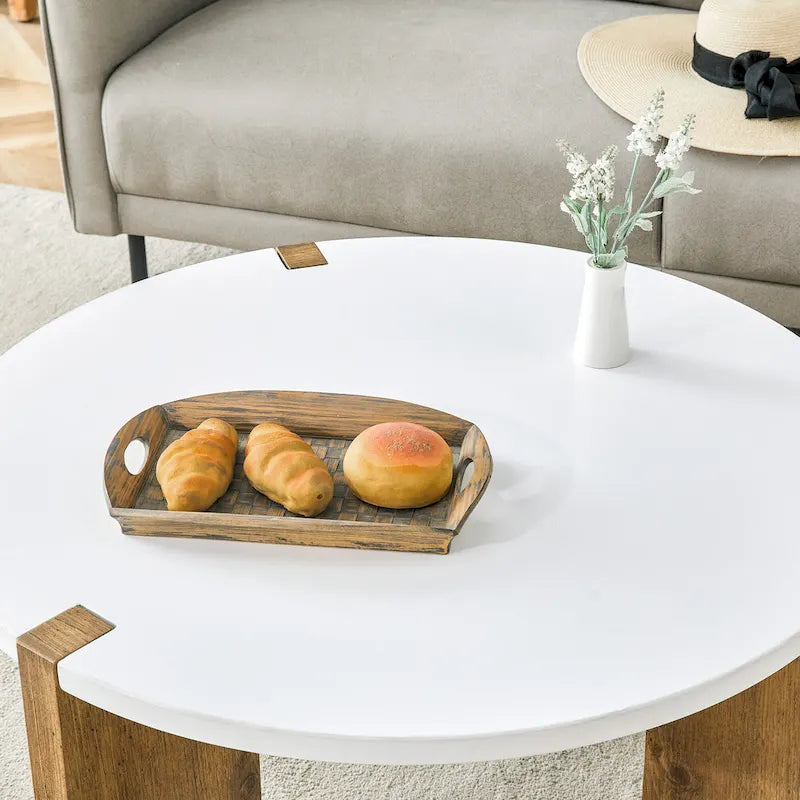 Round Minimalist Coffee Table with Wood-Textured Legs