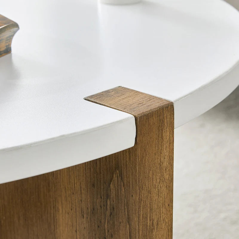 Round Minimalist Coffee Table with Wood-Textured Legs