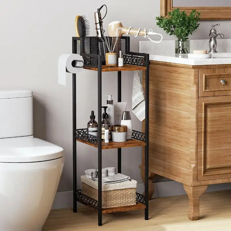 3-Tier Narrow Bathroom Shelf with Toilet Paper Holder & Storage Tray