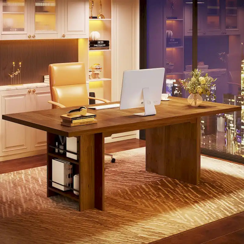 63" Executive Office Desk with Dual Side Storage Shelves & Hanging Rods