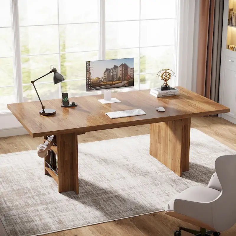 63" Executive Office Desk with Dual Side Storage Shelves & Hanging Rods