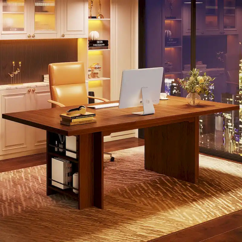 63" Executive Office Desk with Dual Side Storage Shelves & Hanging Rods
