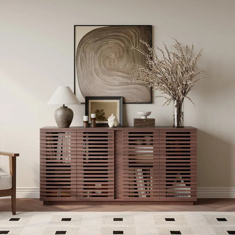 63" Buffet Sideboard Cabinet with Slatted Solid Wood Doors & Adjustable Shelves