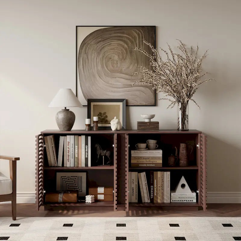 63" Buffet Sideboard Cabinet with Slatted Solid Wood Doors & Adjustable Shelves