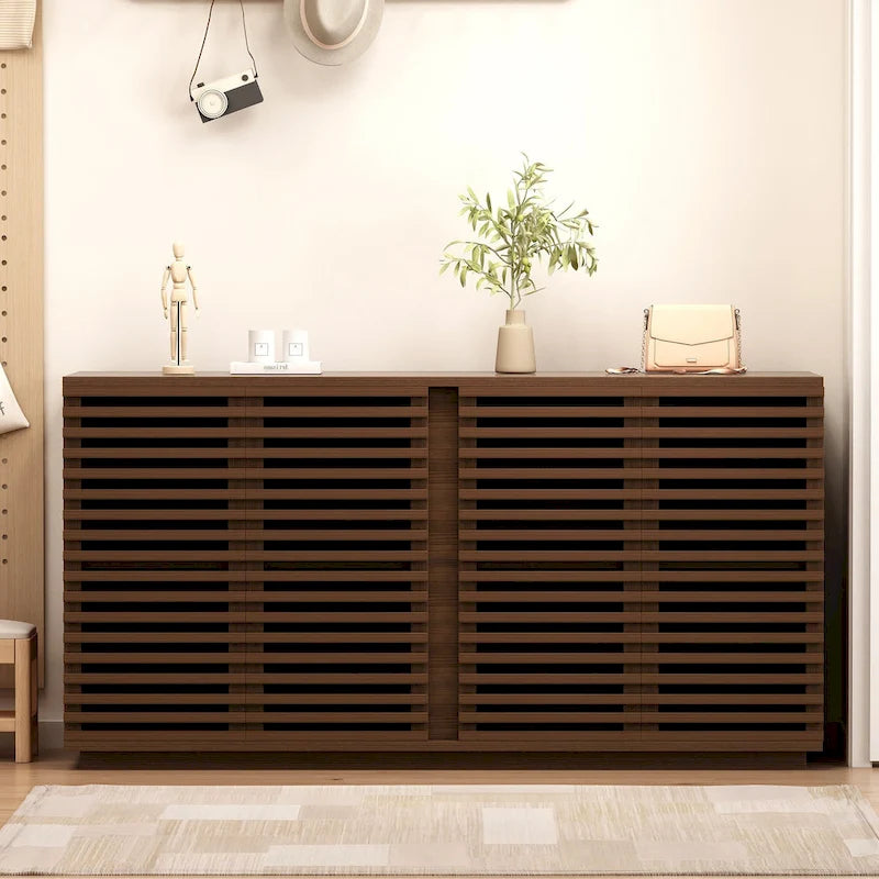 63" Buffet Sideboard Cabinet with Slatted Solid Wood Doors & Adjustable Shelves