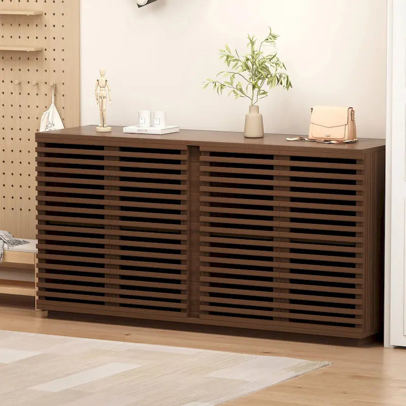 63" Buffet Sideboard Cabinet with Slatted Solid Wood Doors & Adjustable Shelves